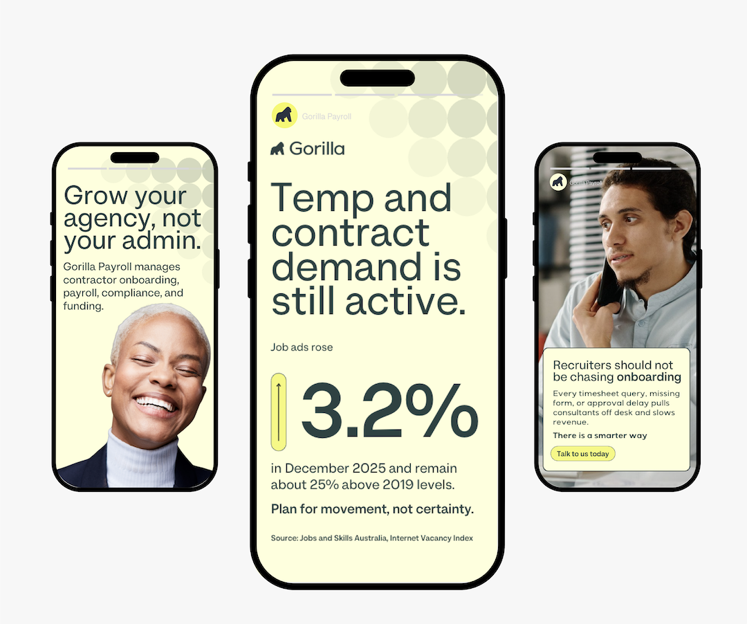 Gorilla Payroll social media ad campaign mockup on mobile phones